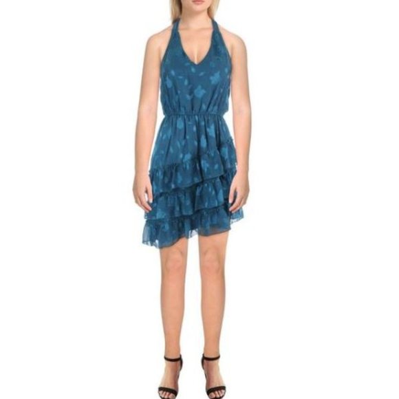 NWOT City Studio Women's Blue‎ Tie Neck Fit Flare Dress Petite XL - Picture 1 of 15
